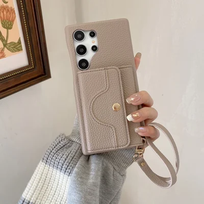 Voor Samsung Galaxy S23 Ultra hoesje met spiegelontwerp, PU leer achterkant met kaartsleuven, polsbandje - Grijs