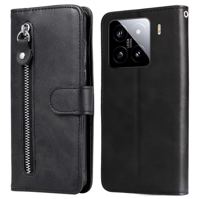Voor Xiaomi 15 Hoesje met Rits Portemonnee Kalfstextuur PU Leren Telefoonhoes - Zwart
