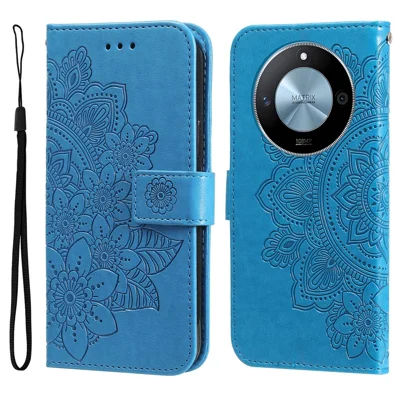For Honor X60 5G Case Floral Pattern PU Leather Wallet Stand Phone Cover - Blue