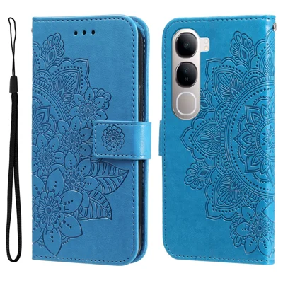 Leather Case for vivo Y300 5G / Y200 5G / V40 Lite (Indonesia) 5G / 4G Floral Pattern Phone Cover - Blue