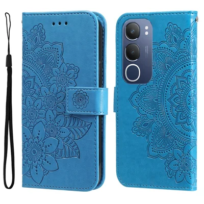 For vivo Y29 5G / Y19s 4G Case Floral Pattern PU Leather Wallet Stand Phone Cover - Blue