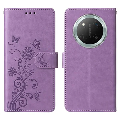 Leather Phone Case for Honor Magic7 Lite 5G / X9c 5G / X60 Pro 5G Butterfly Floral Imprint Wallet Stand Cover - Purple