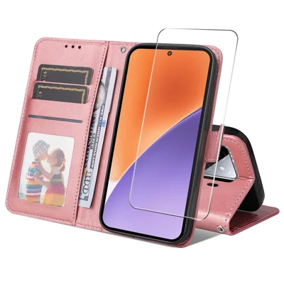 ENKAY For Xiaomi 15 PU Leather Wallet Case  HAT PRINCE Phone Stand Cover with Tempered Glass - Pink