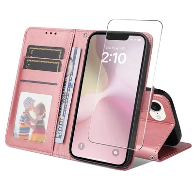ENKAY For iPhone 17e / 16e PU Leather Wallet Case HAT PRINCE Phone Stand Cover with Tempered Glass - Pink
