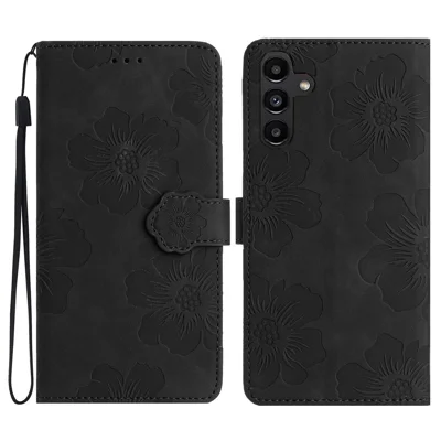 For Samsung Galaxy A26 5G Case Flower Design Leather Wallet Phone Cover with Wrist Strap - Black