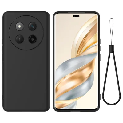 For Honor Magic7 Lite 5G / X9c 5G / X60 Pro 5G Case Liquid Silicone Phone Back Cover with Hand Strap - Black