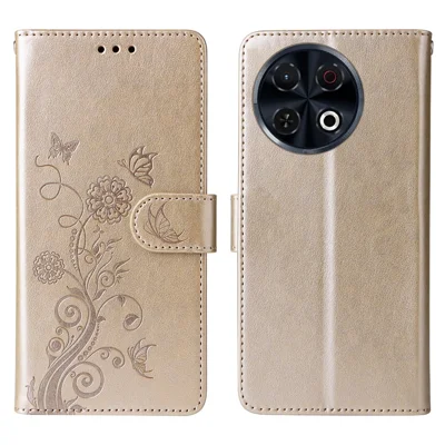 For TECNO Spark 30 Pro 4G Leather Case Butterfly Floral Imprint Wallet Stand Cover - Gold
