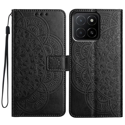 For Honor X5b Plus  /  X5b Leather Case with Card Slots Mandala Pattern Phone Cover Stand - Black
