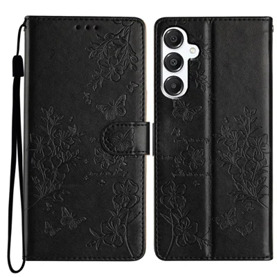 For Samsung Galaxy A18 5G / A18 4G / A17 5G / A17 4G / A26 5G Wallet Phone Case Butterfly Floral Imprint Leather Flip Cover - Black
