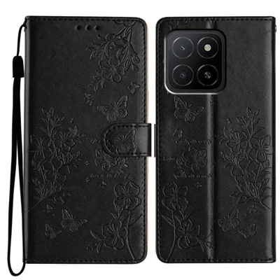 For Honor X5b Plus  /  X5b Wallet Phone Case Butterfly Floral Imprint Leather Flip Cover - Black