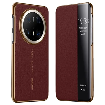 Til Huawei Mate 70 Pro+ / Mate 70 Pro Taske i Ægte Kuelskind med View-vindue Smart Task - Rød