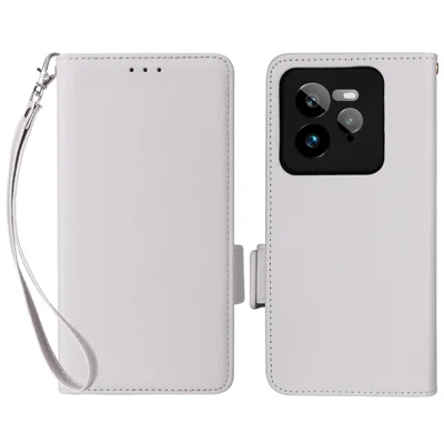 For Realme GT 7 Pro 5G Case with Wrist Strap Litchi Texture PU Leather Wallet Phone Cover - White