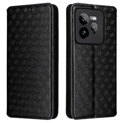 For Realme GT 7 Pro 5G Wallet Case Rhombus Imprinted Leather Phone Cover - Black