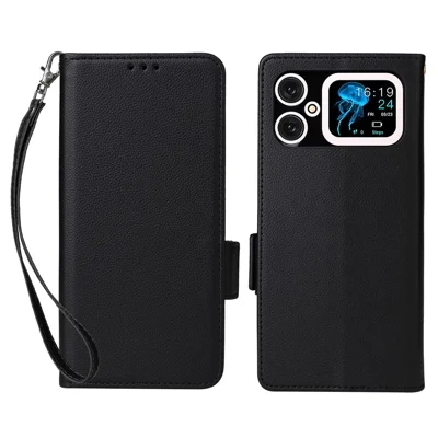 For Cubot A20 Case with Wrist Strap Litchi Texture PU Leather Wallet Phone Cover - Black