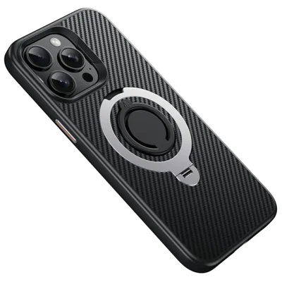 For iPhone 13 Pro Case Compatible with MagSafe Kickstand Carbon Fiber Texture PC + TPU Back Cover with Silicone Ring - Silver