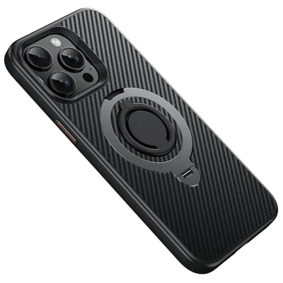 For iPhone 13 Pro Max Case Compatible with MagSafe Kickstand Carbon Fiber Texture PC + TPU Back Cover with Silicone Ring - Grey
