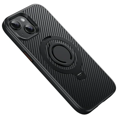 For iPhone 15 Case Compatible with MagSafe Kickstand Carbon Fiber Texture PC + TPU Back Cover with Silicone Ring - Black