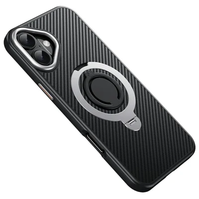 For iPhone 16 Plus Case Compatible with MagSafe Kickstand Carbon Fiber Texture PC + TPU Back Cover with Silicone Ring - Silver