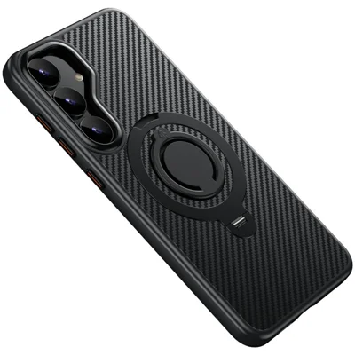 For Samsung Galaxy S25+ Magnetic Case Kickstand Carbon Fiber Texture PC + TPU Back Cover with Silicone Ring - Black