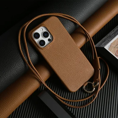 For iPhone 13 Pro Max Case With Lanyard Genuine Cow Leather PC Phone Back Cover - Brown