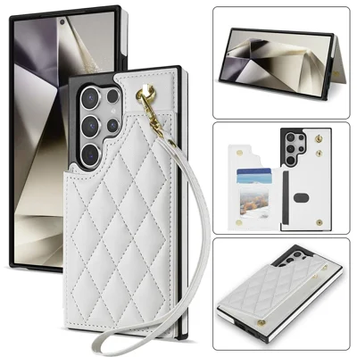 For Samsung Galaxy S24 Ultra Case with Wrist Strap Card Slots Rhombus Leather + TPU Phone Cover - White