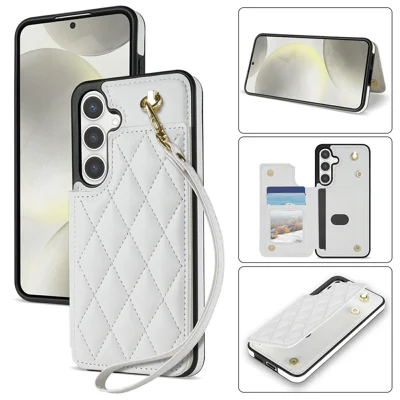 For Samsung Galaxy A16 5G  /  4G Case with Wrist Strap Card Slots Rhombus Leather + TPU Phone Cover - White