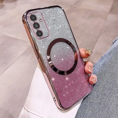For Samsung Galaxy A26 5G Magnetic Case Electroplated Gradient Glitter TPU Phone Cover - Rose Gold