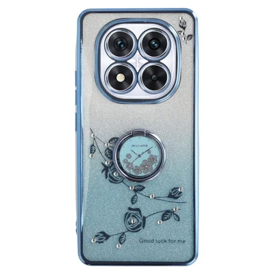 KADEM For Xiaomi Redmi Note 14 Pro 5G / Poco X7 5G Case Ring Kickstand TPU Flowers Phone Cover Gradient Glitter - Blue
