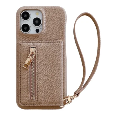 Voor iPhone 15 Pro Max hoesje met kaartslots, standaard, PU-leer achterkant met ritsvak, polsbandje - Lichtbruin