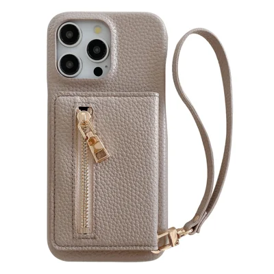 Voor iPhone 15 Pro hoesje met kaartslots, standaard, PU leer achterkant met ritsvak, polsbandje - Grijs
