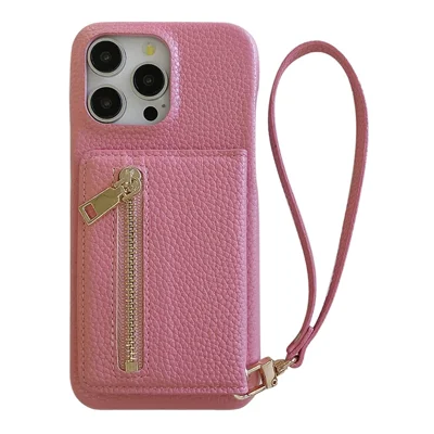 Voor iPhone 14 Pro hoesje met kaarthouders, standaard, PU-leer achterkant met ritssluiting en polsbandje - Roze