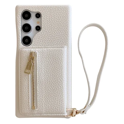 Voor Samsung Galaxy S23 Ultra Hoesje met Kaartslots en Opklapstandaard PU Leren Achterkant met Ritsvak, Polsbandje - Wit
