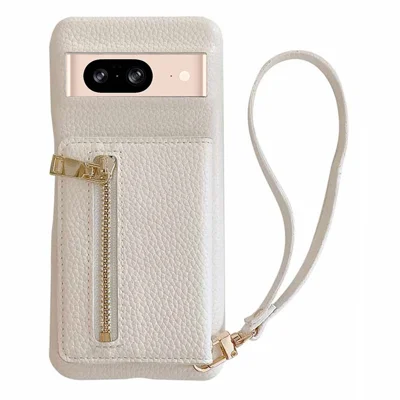 For Google Pixel 8 Case Card Slots Kickstand PU Leather Back Cover with Zipper Pocket, Wrist Strap - White