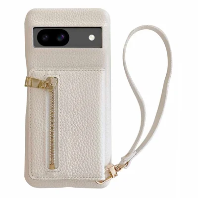 For Google Pixel 8a Case Card Slots Kickstand PU Leather Back Cover with Zipper Pocket, Wrist Strap - White
