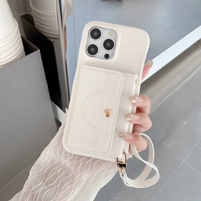 For iPhone 15 Pro Case Mirror Design PU Leather Back Cover with Card Slots, Wrist Strap - White