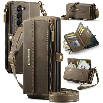 CASEME For Samsung Galaxy S23+ Case  C39 RFID Blocking Zipper Wallet Stand Leather Cover with Strap - Brown