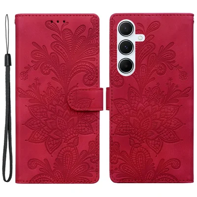For Samsung Galaxy A15 5G  /  4G Case Imprinted Lace Flowers PU Leather Wallet Phone Cover - Red