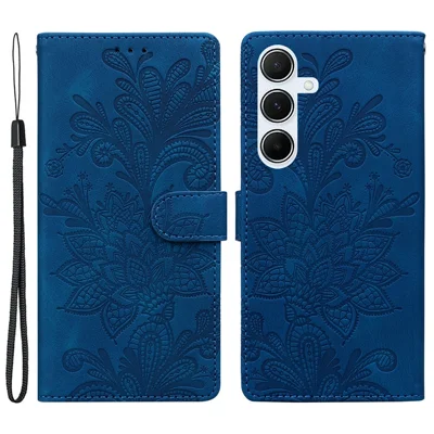 For Samsung Galaxy A35 5G Case Imprinted Lace Flowers PU Leather Wallet Phone Cover - Dark Blue