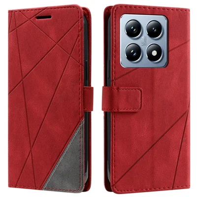 For Xiaomi 14T Pro Case Imprinted Lines PU Leather Splicing Wallet Phone Cover - Red
