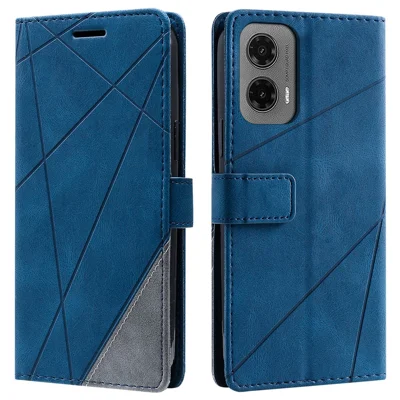 For Motorola Moto G35 5G Case Imprinted Lines PU Leather Splicing Wallet Phone Cover - Blue