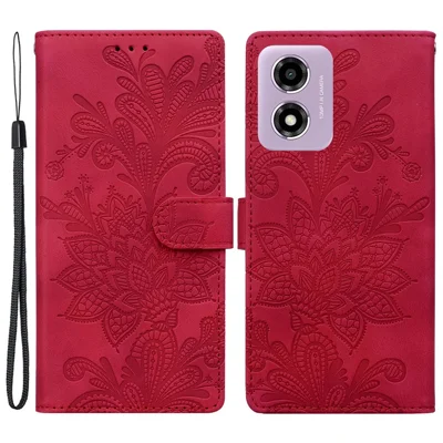 PU Leather Case voor Motorola Moto E14 4G / G24 4G / G04 4G met Ingelijste Bloemenmotief Portemonnee Hoes - Rood