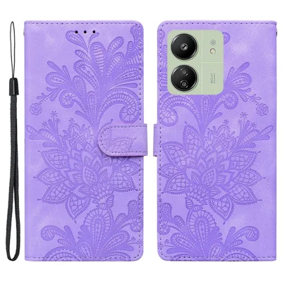 For Xiaomi Redmi 13C 5G  /  4G Case Imprinted Lace Flowers PU Leather Wallet Phone Cover - Purple