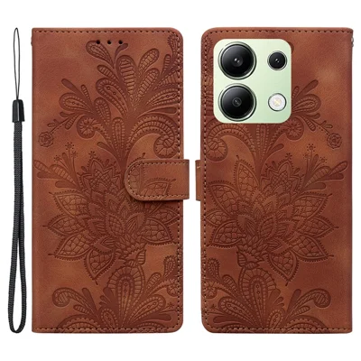For Xiaomi Redmi Note 13 4G Case Imprinted Lace Flowers PU Leather Wallet Phone Cover - Brown