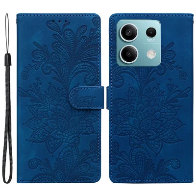 For Xiaomi Redmi Note 13 5G Case Imprinted Lace Flowers PU Leather Wallet Phone Cover - Dark Blue