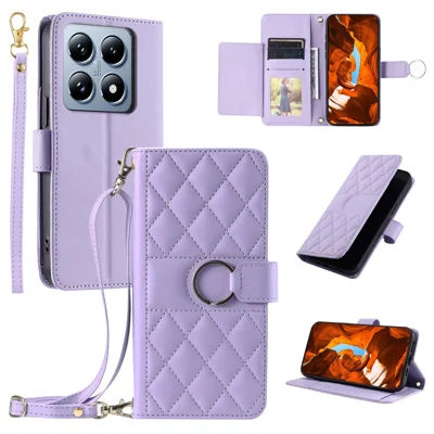 For Xiaomi 14T Crossbody Leather Case Ring Buckle Wallet Stand Rhombus Mobile Cover - Purple