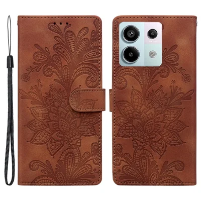 For Xiaomi Redmi Note 13 Pro 5G Case Imprinted Lace Flowers PU Leather Wallet Phone Cover - Brown