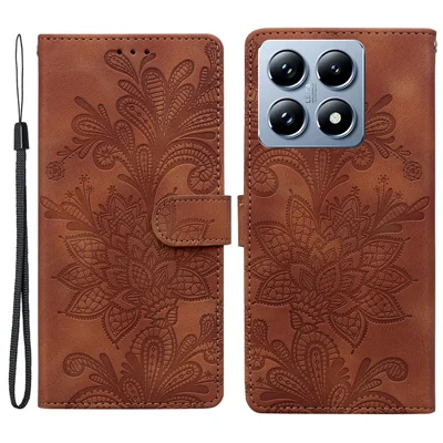 For Xiaomi 14T Pro Case Imprinted Lace Flowers PU Leather Wallet Phone Cover - Brown