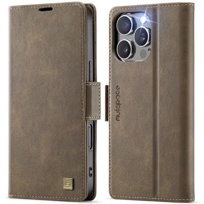 AUTSPACE For iPhone 16 Pro Max Case  A11 RFID Blocking Retro Leather Cell Phone Wallet Cover - Brown