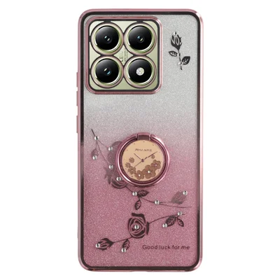 KADEM For Xiaomi 14T Case Ring Kickstand TPU Flowers Phone Cover Gradient Glitter - Rose Gold