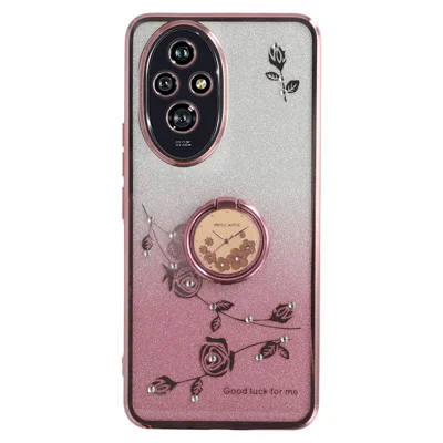 KADEM For Honor 200 5G Case Ring Kickstand TPU Flowers Phone Cover Gradient Glitter - Rose Gold
